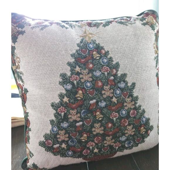 CHRISTMAS Tree Holiday Pillow Tapestry Teddy Bear Print Green Cloth Backing 16" - Picture 1 of 6